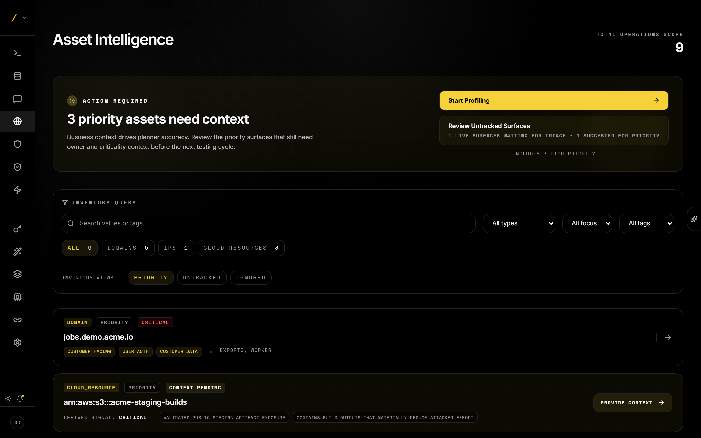 The asset inventory: a banner flagging priority assets that need context, a query bar filtering by type and focus, priority/untracked/ignored views, and asset cards showing type, criticality, tags, and derived signals.