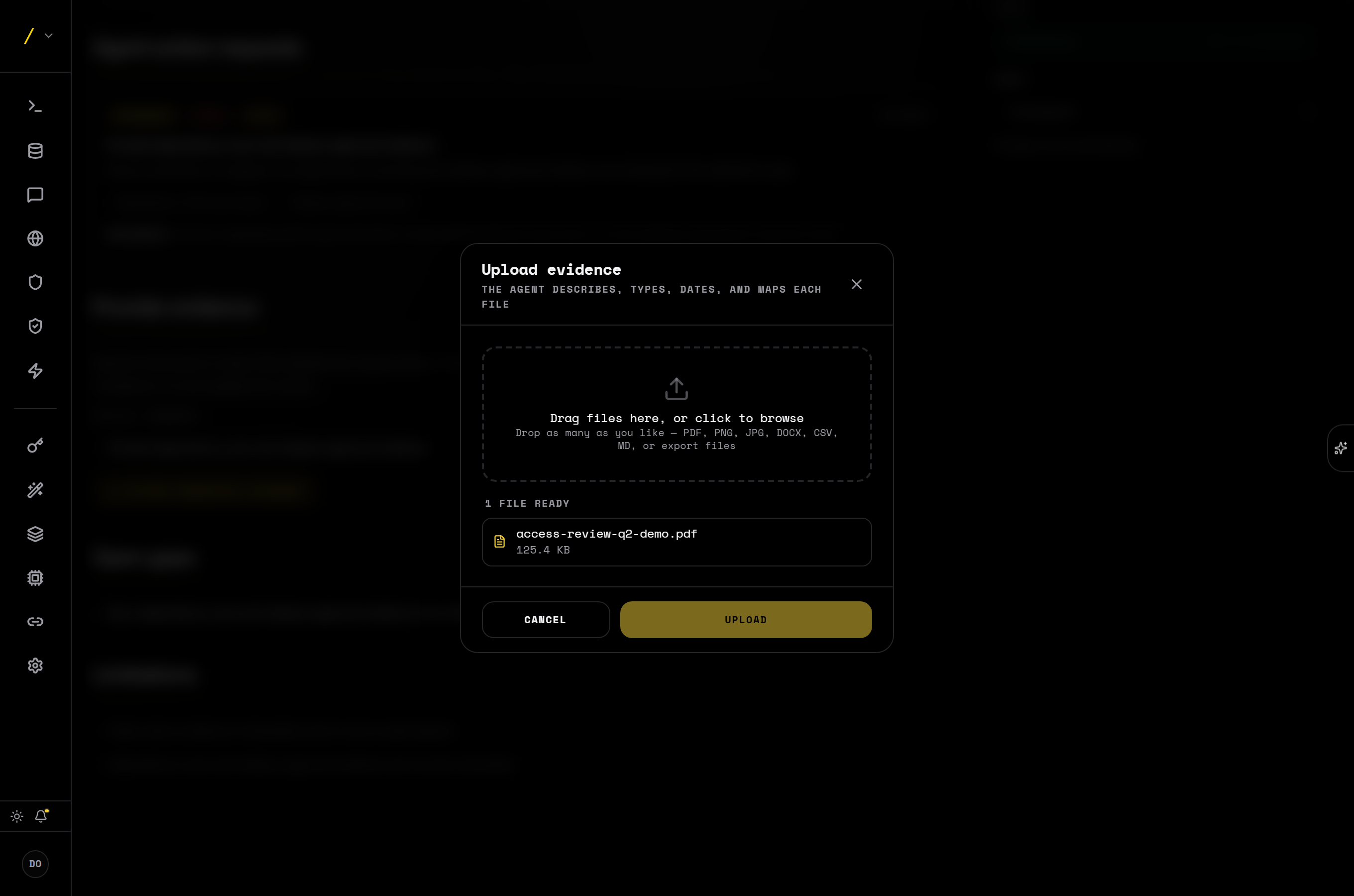 The evidence upload dialog with a file staged for upload (access-review-q2-demo.pdf, 125 KB), a drag-and-drop area, and Cancel and Upload actions; a note explains the agent describes, types, dates, and maps each file.
