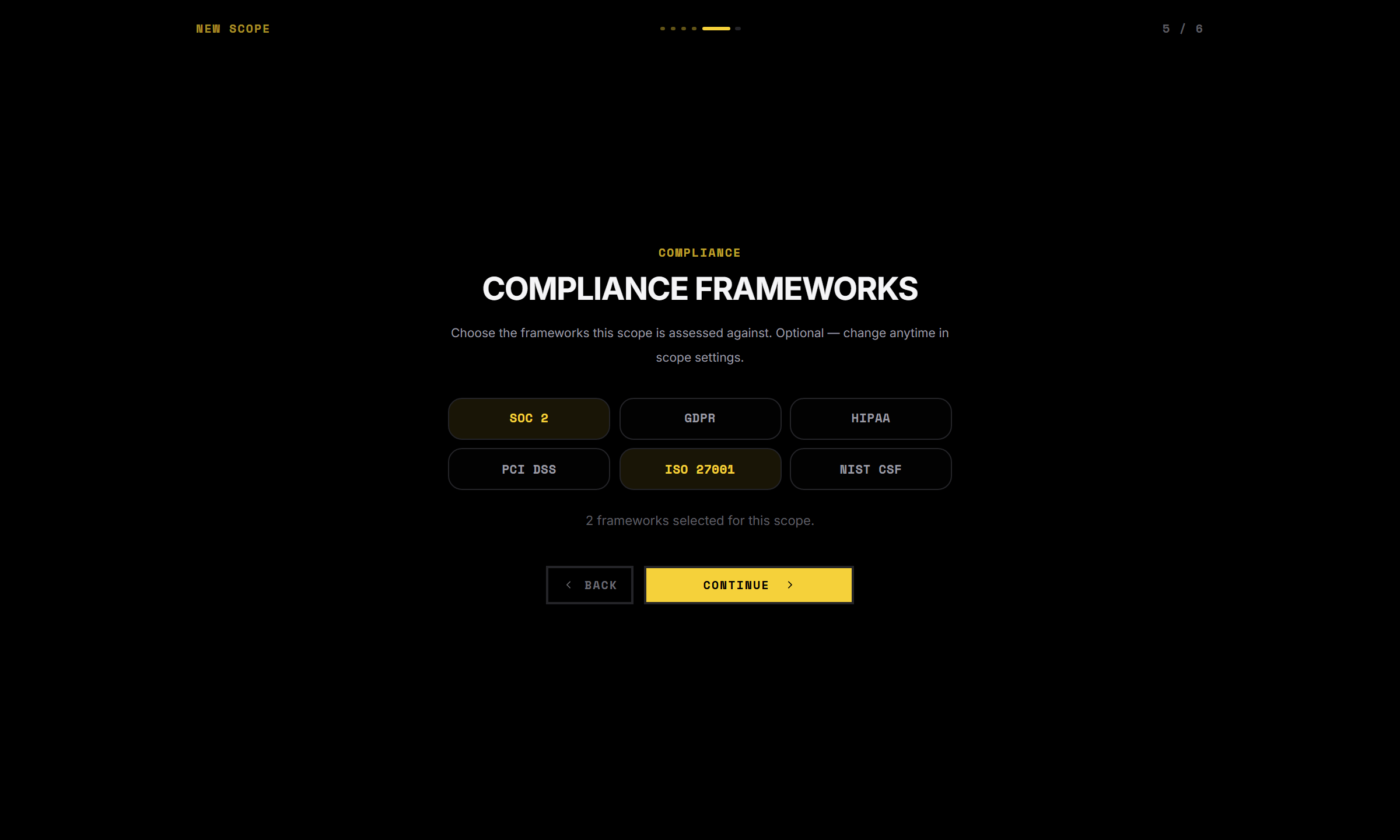 The onboarding "Compliance frameworks" step: selectable framework tiles for SOC 2, GDPR, HIPAA, PCI DSS, ISO 27001, and NIST CSF, with SOC 2 and ISO 27001 selected and a "2 frameworks selected" note.