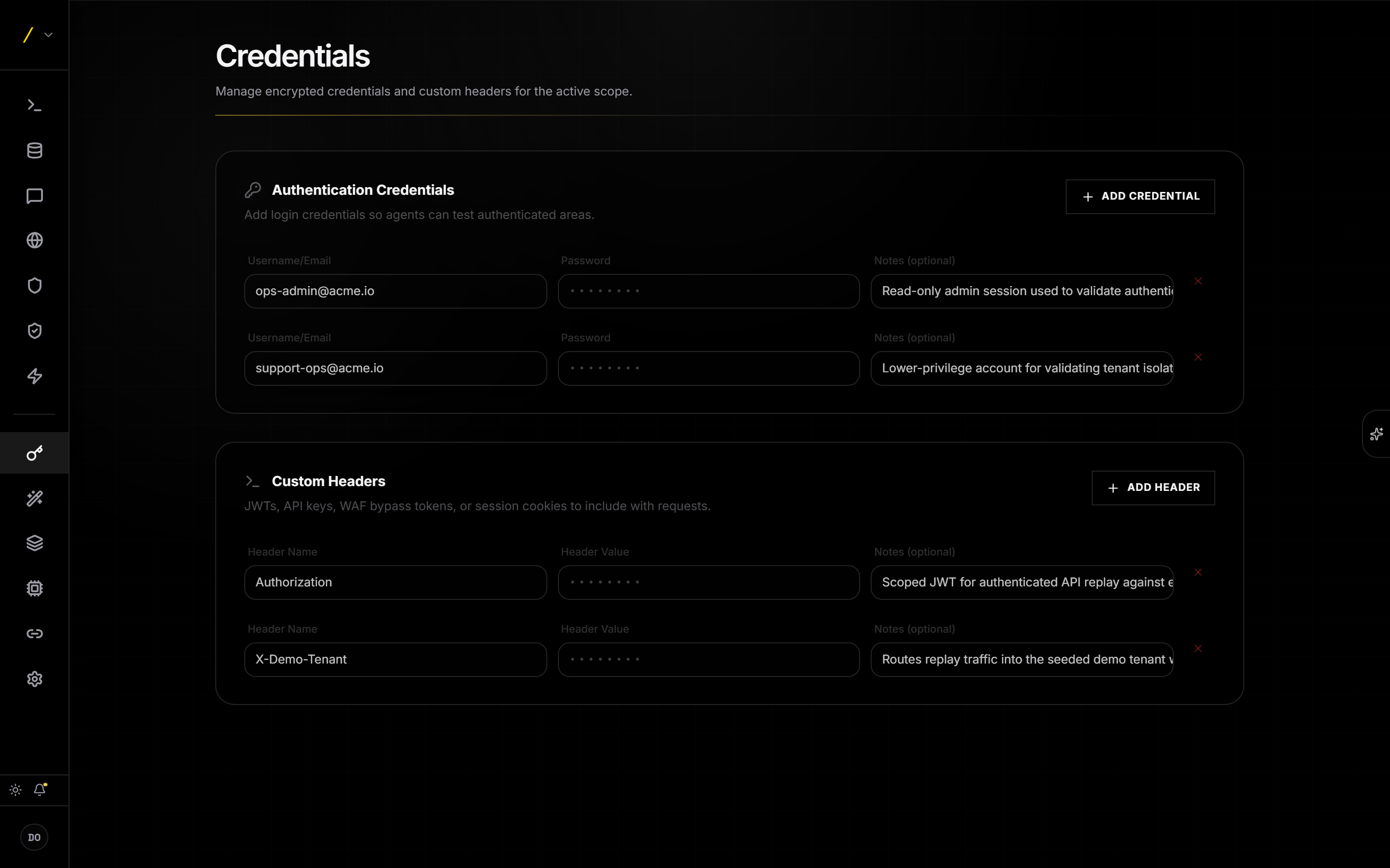 The credentials page for a scope: authentication credentials with username, masked password, and notes; and custom headers with a header name, masked value, and notes. Secret values are shown as dots, never in the clear.