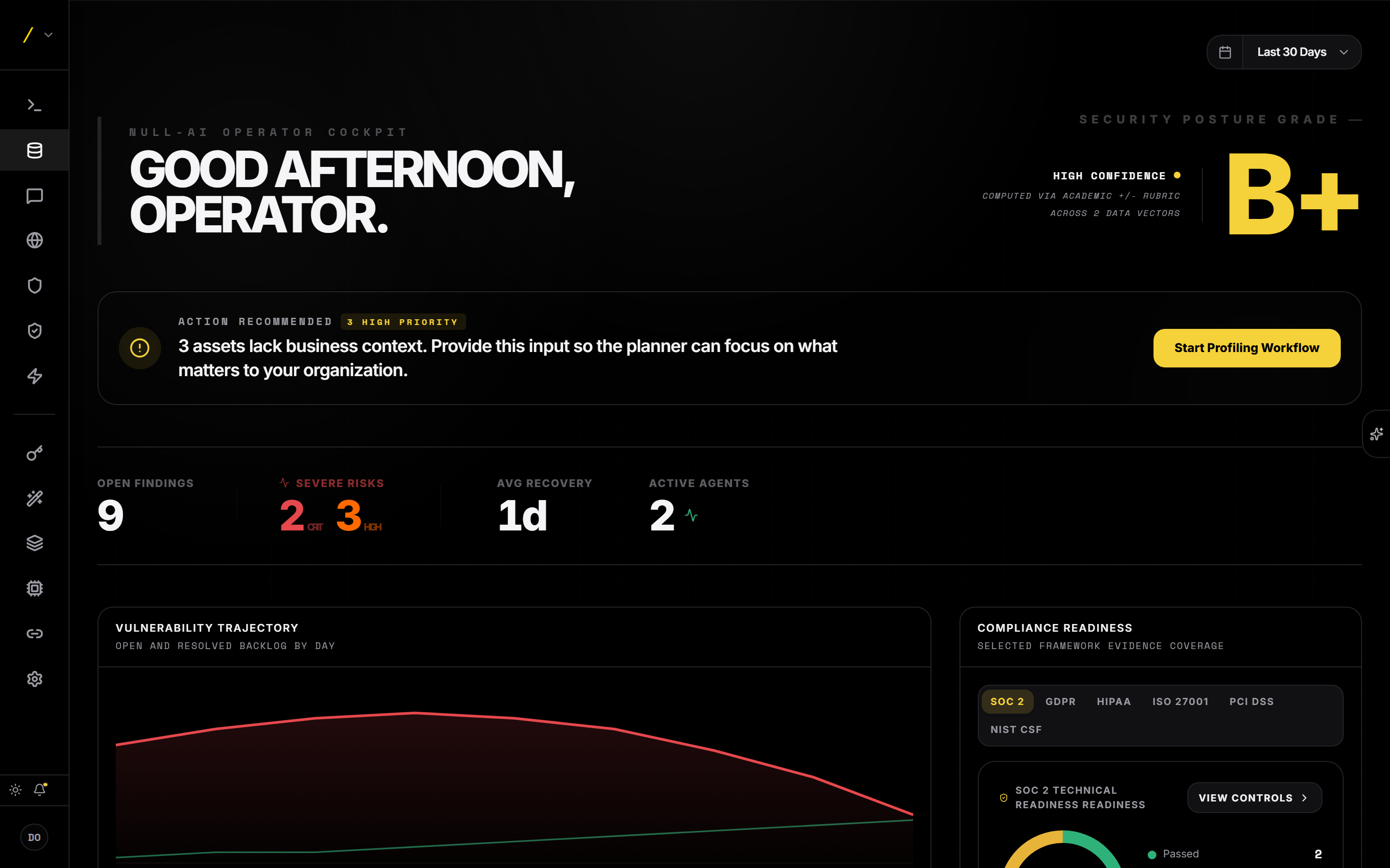 The dashboard: a security posture grade, open findings and severe risks, mean time to recover, active agents, a vulnerability trajectory chart, and a compliance readiness panel.