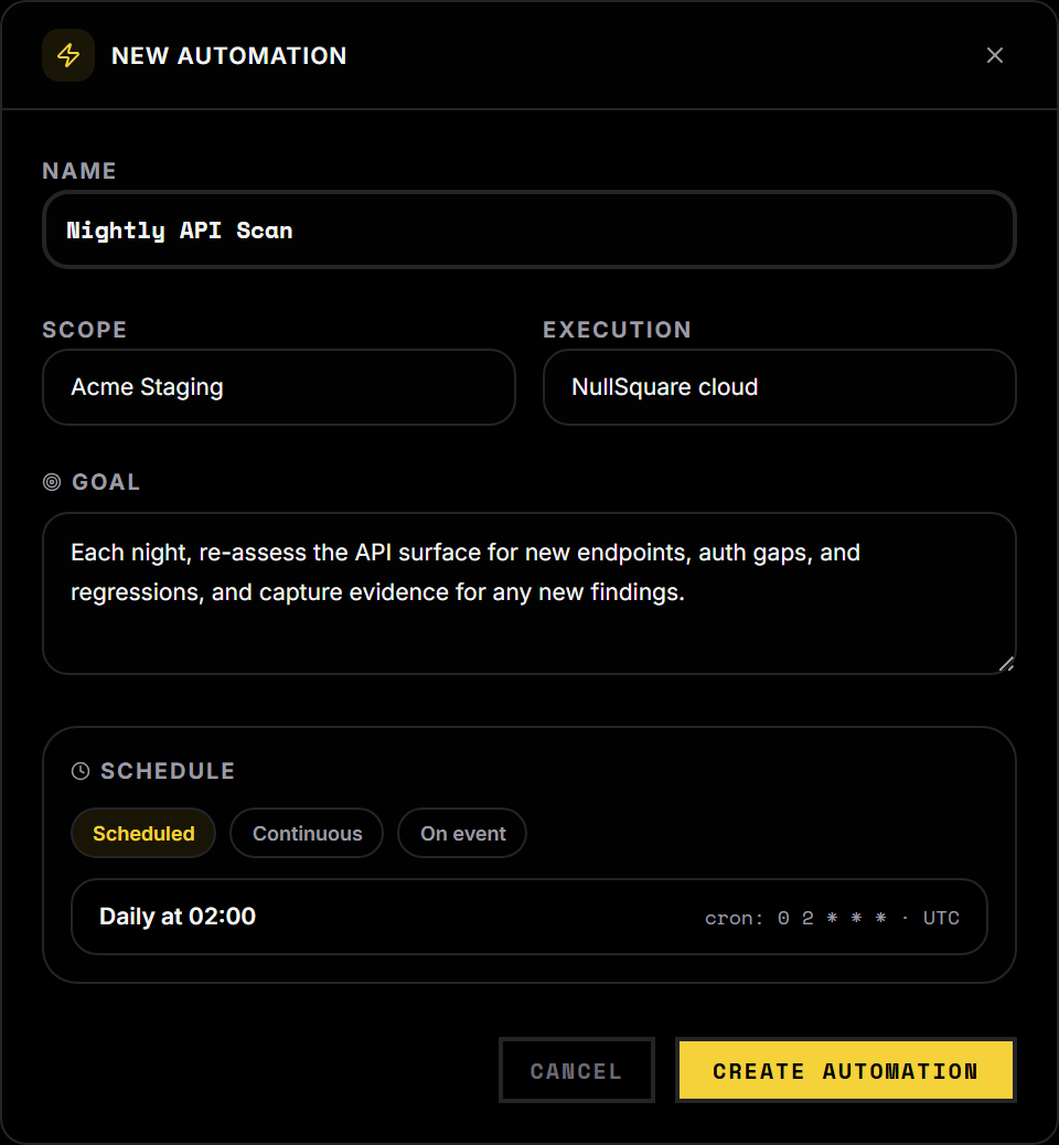 The new-automation form: a name, the scope and execution target, a goal in plain language, and a schedule section with Scheduled, Continuous, and On event triggers.