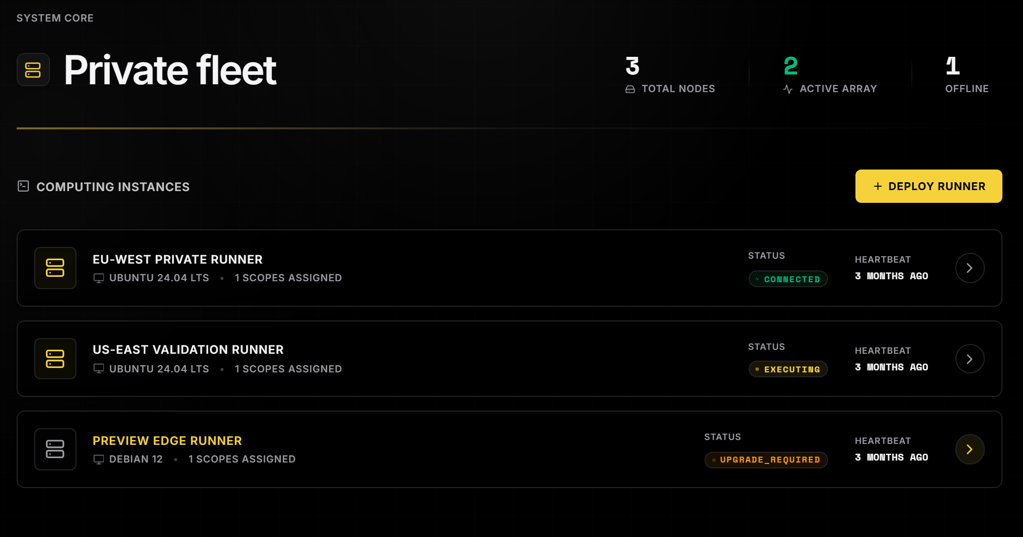 The private runner fleet: total, active, and offline node counts, plus runner cards showing OS, scopes assigned, connection status (connected, executing, upgrade required), and last heartbeat.